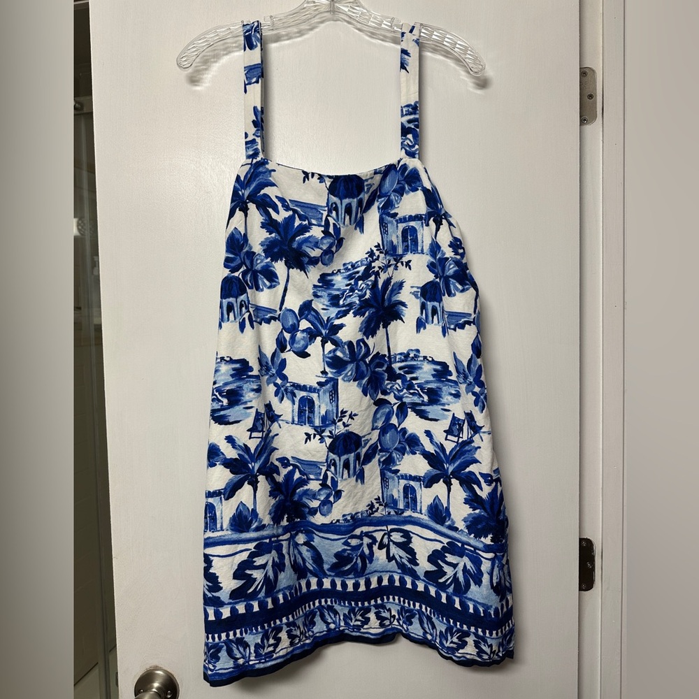 Ann Taylor LOFT Toile Blue Pattern Linen-Blend Shift Dress - size 12